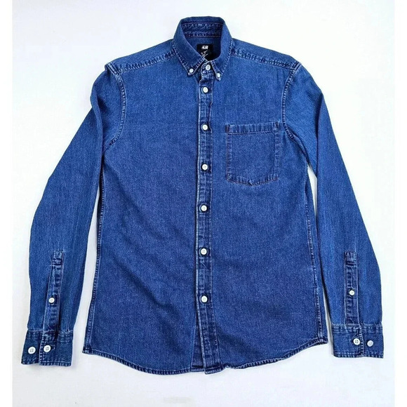 H&M Size XS Men's Blue Denim Button Down Long Sleeve Cotton Pocket Shirt - Picture 1 of 9
